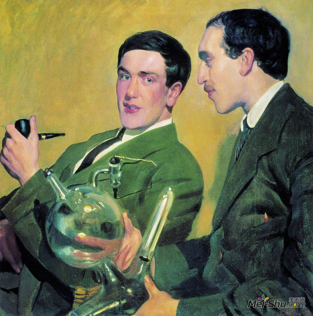 鲍里斯·克斯托依列夫(Boris Kustodiev)高清作品《Portrait of Peter Kapitza and Nikolai Semyonov》