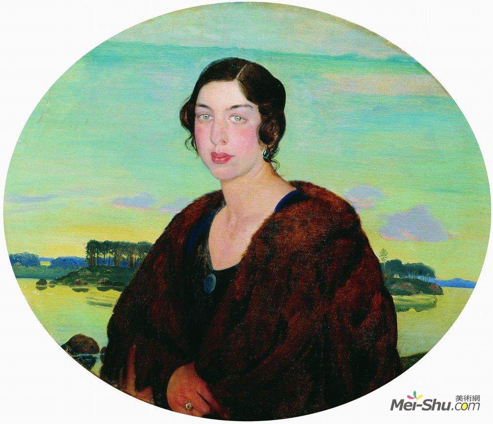 鲍里斯·克斯托依列夫(Boris Kustodiev)高清作品《Portrait of pianist Rachel Slonimskaya》