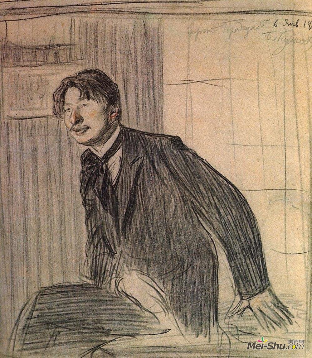 鲍里斯·克斯托依列夫(Boris Kustodiev)高清作品《Portrait of the poet Sergey Gorodetsky》