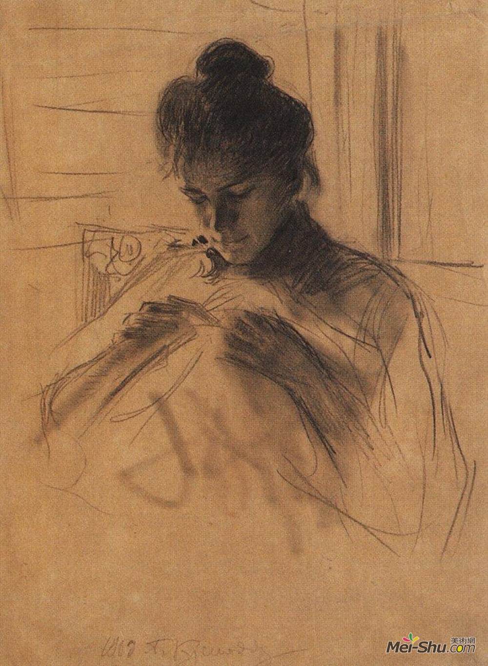 鲍里斯·克斯托依列夫(Boris Kustodiev)高清作品《Portrait of Y.E. Kustodieva》