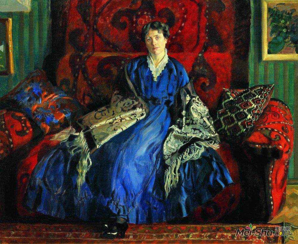 鲍里斯·克斯托依列夫(Boris Kustodiev)高清作品《Portrait of Y.E. Kustodieva》