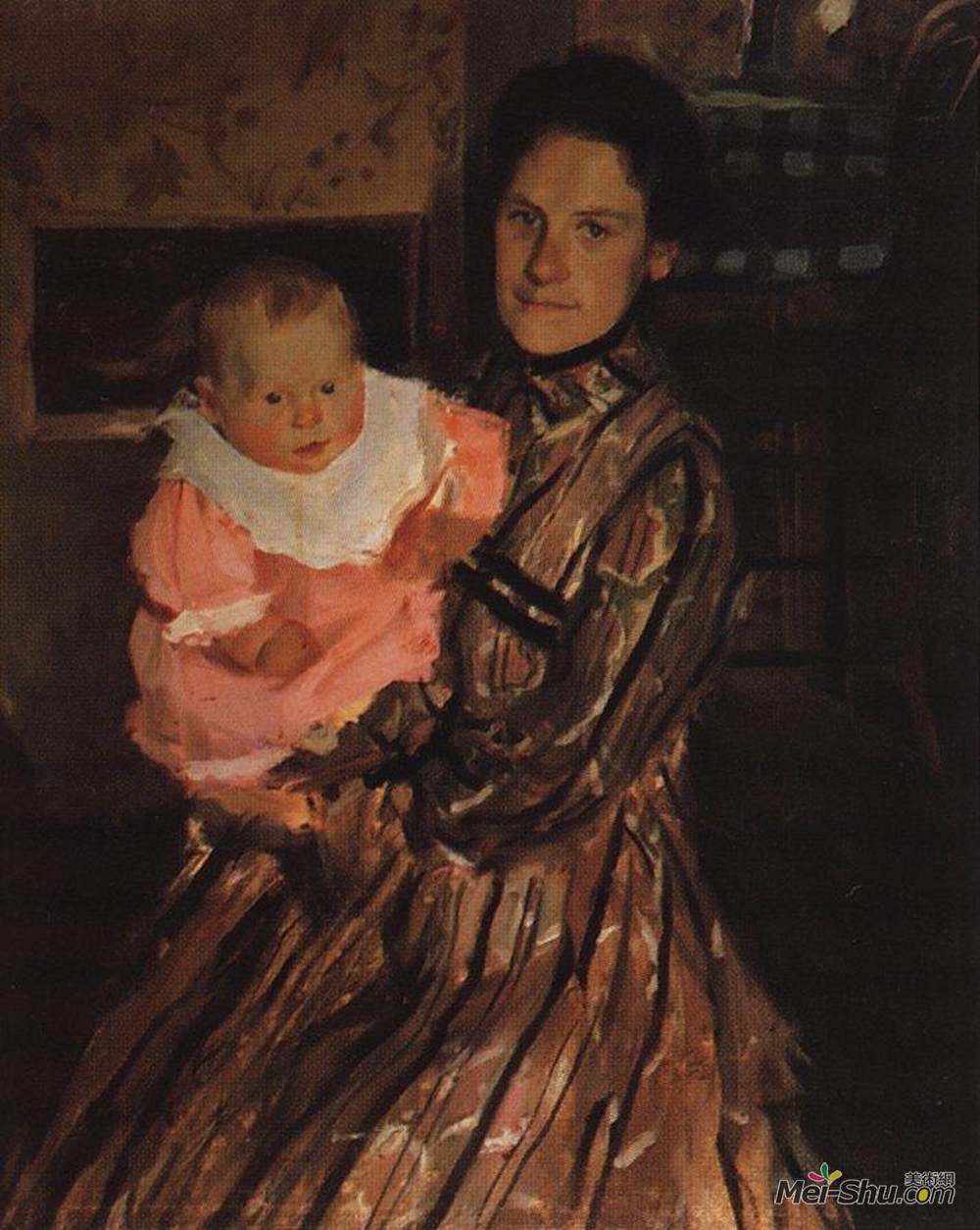 鲍里斯·克斯托依列夫(Boris Kustodiev)高清作品《Portrait of Y.E. Kustodieva with son》