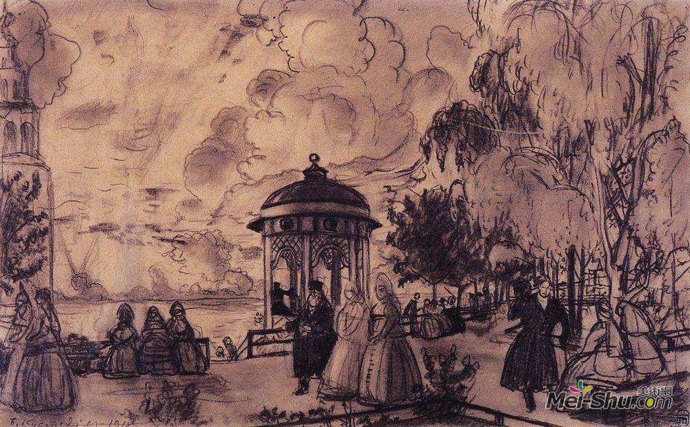 鲍里斯·克斯托依列夫(Boris Kustodiev)高清作品《Public garden on the bank of the Volga (festivities on the b》