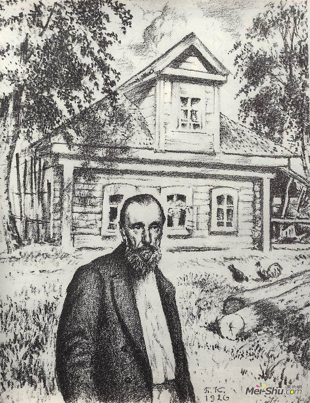 鲍里斯·克斯托依列夫(Boris Kustodiev)高清作品《S.P. Podyachev in his hut in the village Obolyaninove》