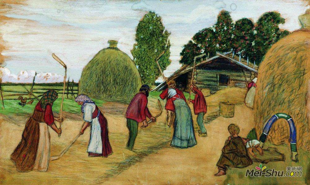 鲍里斯·克斯托依列夫(Boris Kustodiev)高清作品《脱粒》