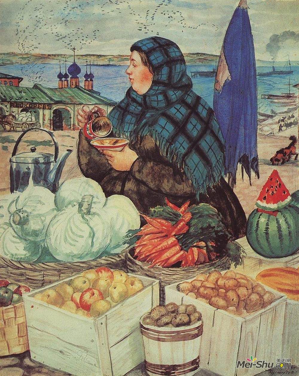 鲍里斯·克斯托依列夫(Boris Kustodiev)高清作品《蔬菜商人》