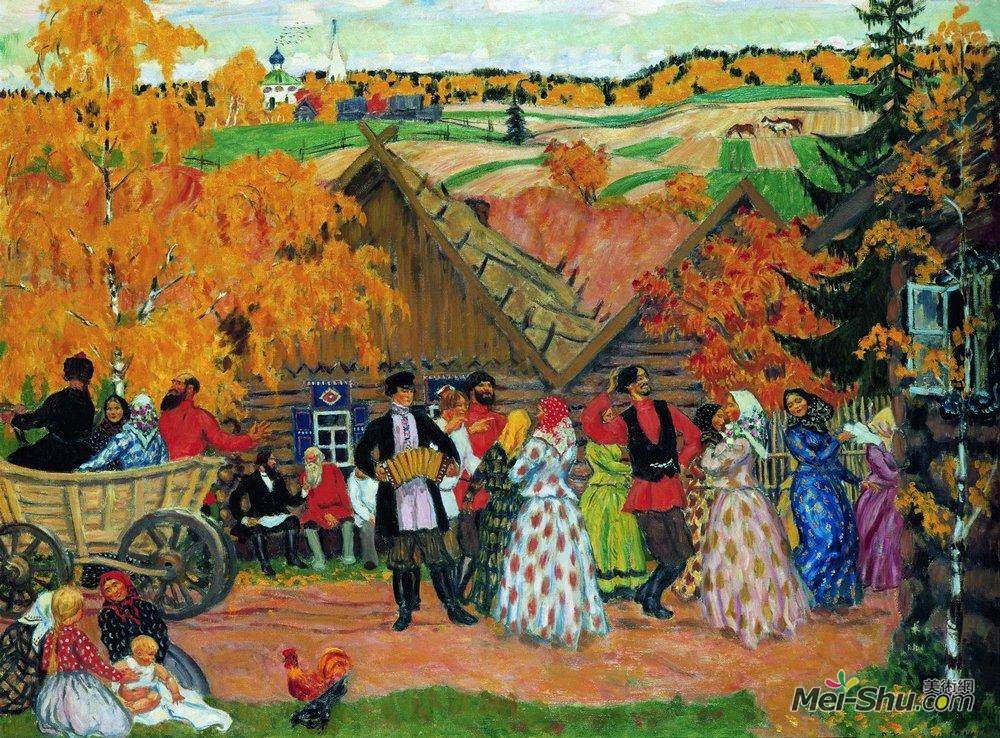 鲍里斯·克斯托依列夫(Boris Kustodiev)高清作品《乡村假日（村里的秋假日）》