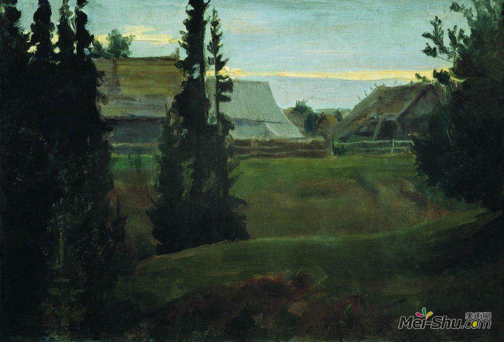 鲍里斯·克斯托依列夫(Boris Kustodiev)高清作品《Village Maureeno, Kostroma》