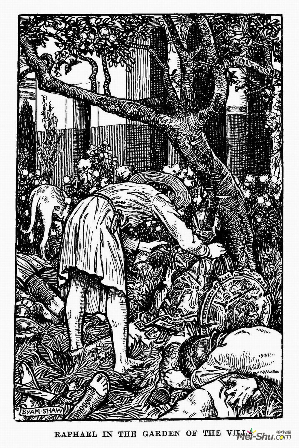 拜厄姆·肖(Byam Shaw)高清作品《拉斐尔在别墅的花园里。来自1914的插图》