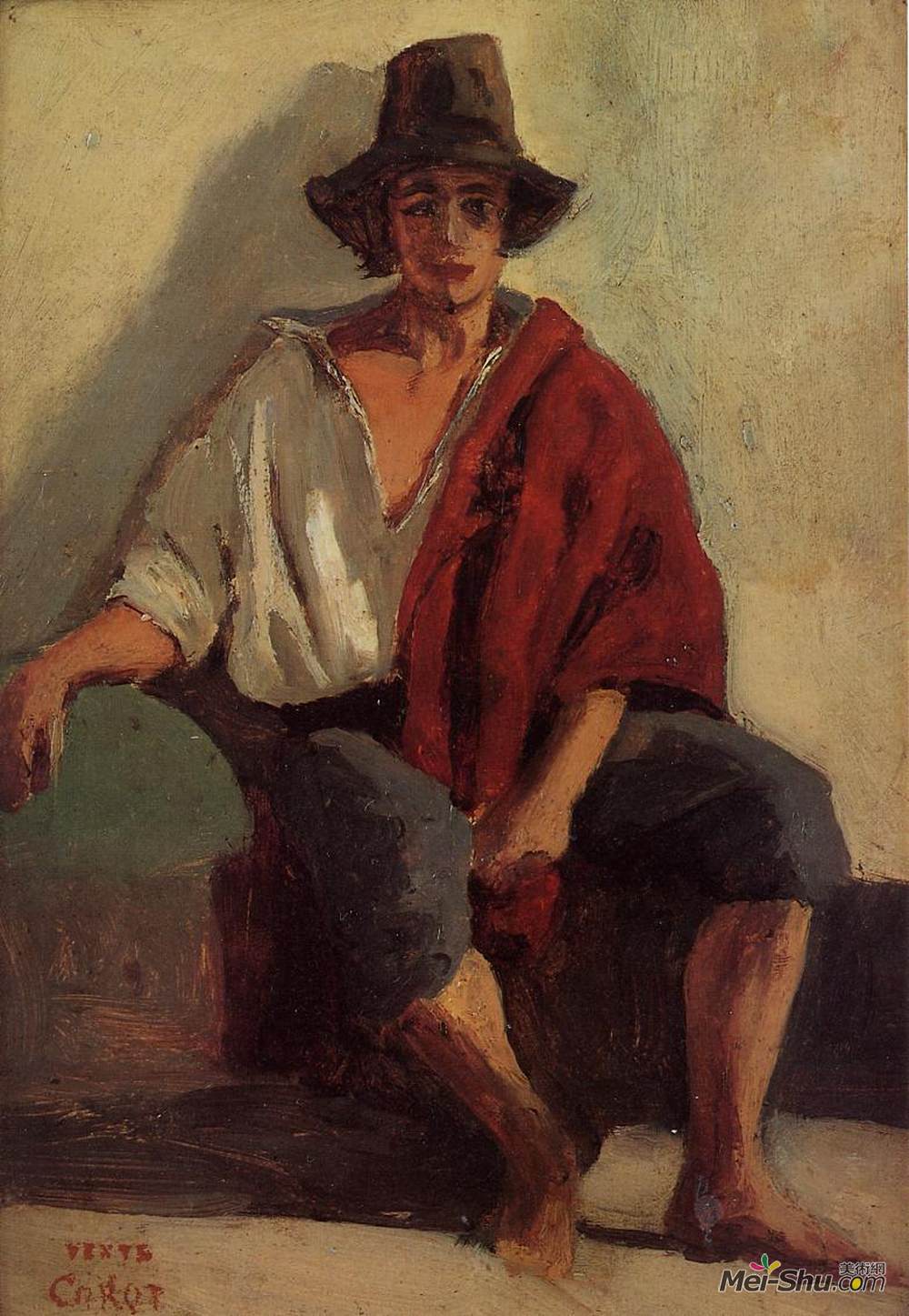 卡米耶·柯罗(Camille Corot)高清作品《坐在对面的意大利面凳上的意大利人》