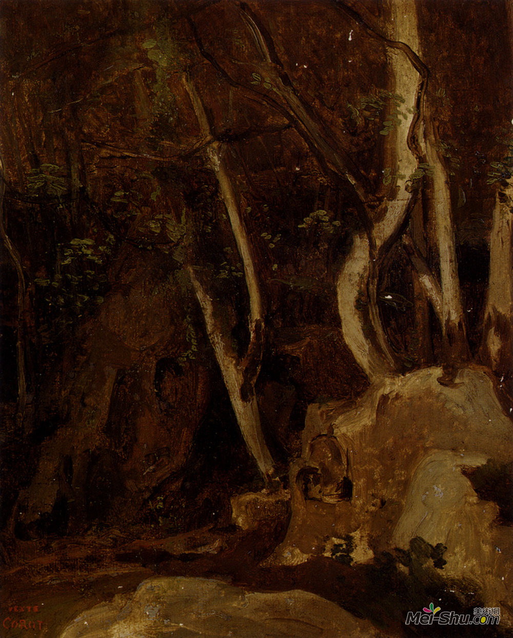 卡米耶·柯罗(Camille Corot)高清作品《在奇维塔卡斯提亚，树木茂密的岩石》