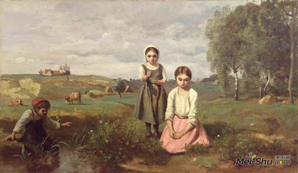 卡米耶·柯罗(Camille Corot)高清作品《Children beside a brook in the countryside, Lormes》