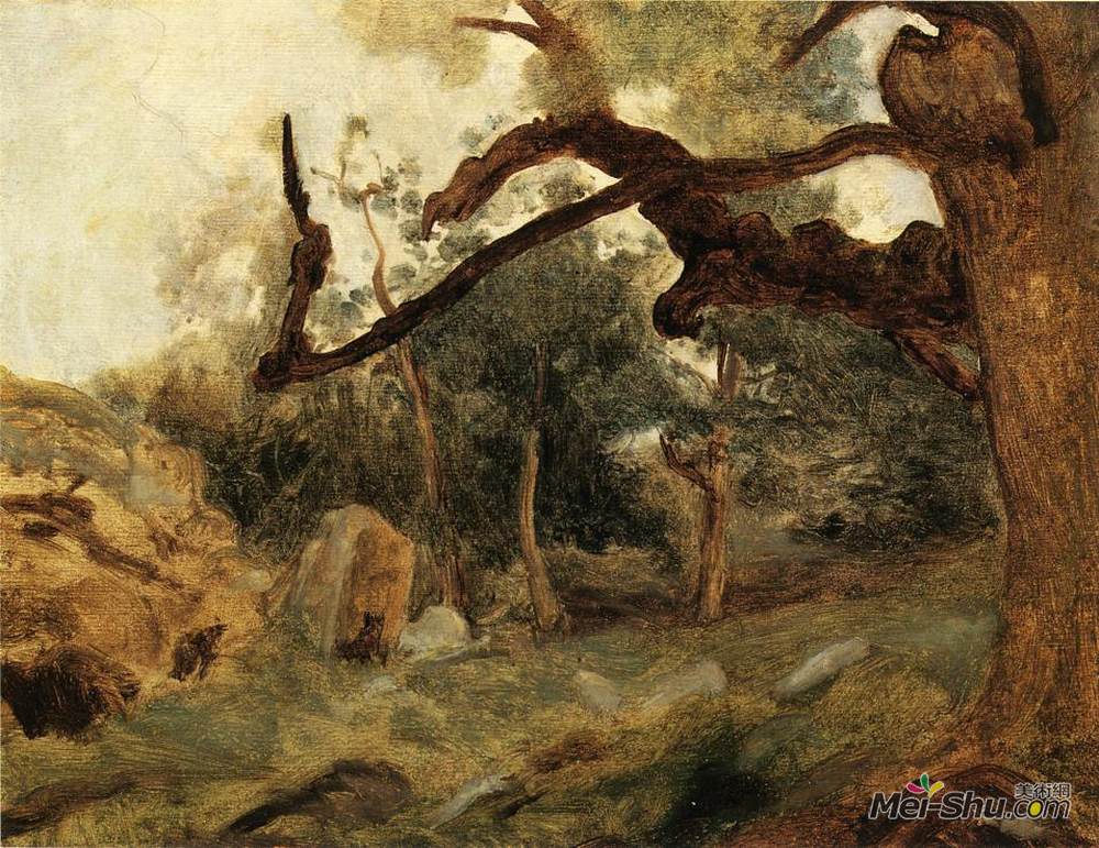 卡米耶·柯罗(Camille Corot)高清作品《L Arbre Tordu, Les Chenes du Mont Usey, Fontainebleau》