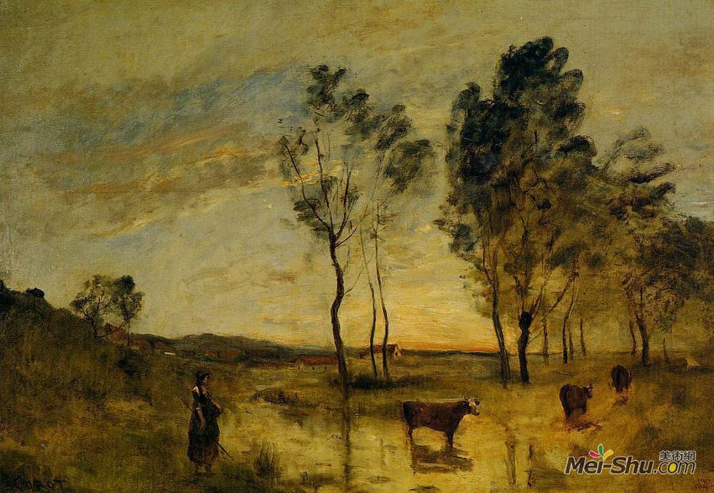 卡米耶·柯罗(Camille Corot)高清作品《勒格（牛在银行的银行）》