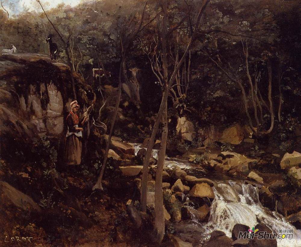 卡米耶·柯罗(Camille Corot)高清作品《Lormes, A Waterfall with a Standing Peasant, Spinning Wool》