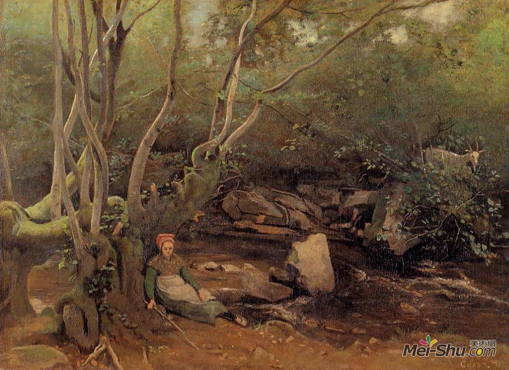 卡米耶·柯罗(Camille Corot)高清作品《Lormes Shepherdess Sitting under Trees beside a Stream》