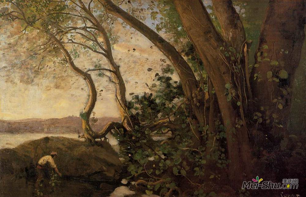 卡米耶·柯罗(Camille Corot)高清作品《Nemi, the Lake's Edge》