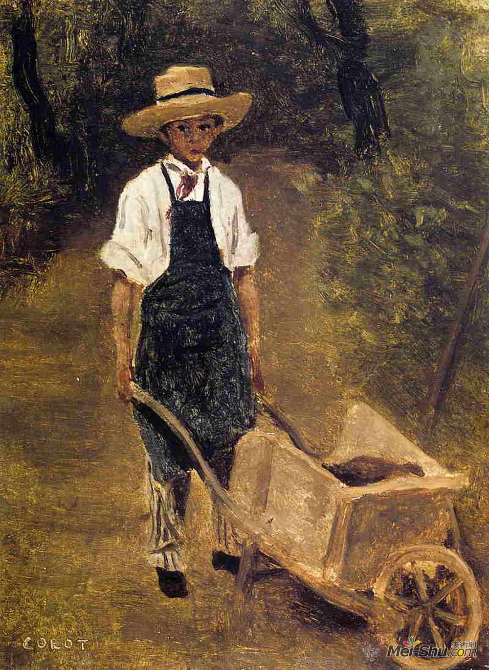 卡米耶·柯罗(Camille Corot)高清作品《Octave Chamouillet Pushing a Wheelbarrow in a Garden》