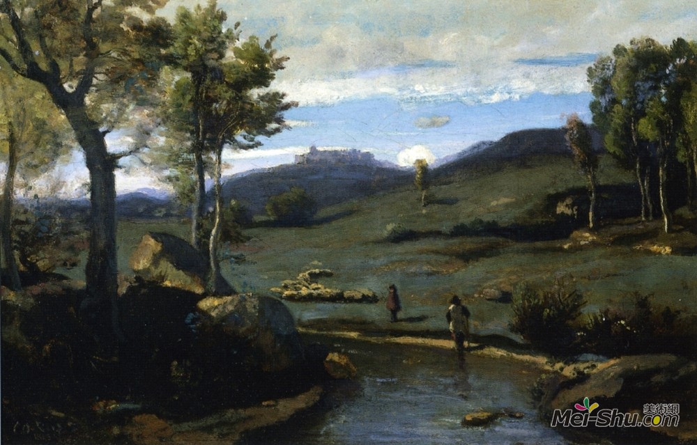 卡米耶·柯罗(Camille Corot)高清作品《罗马乡间的岩石山谷和一群猪》