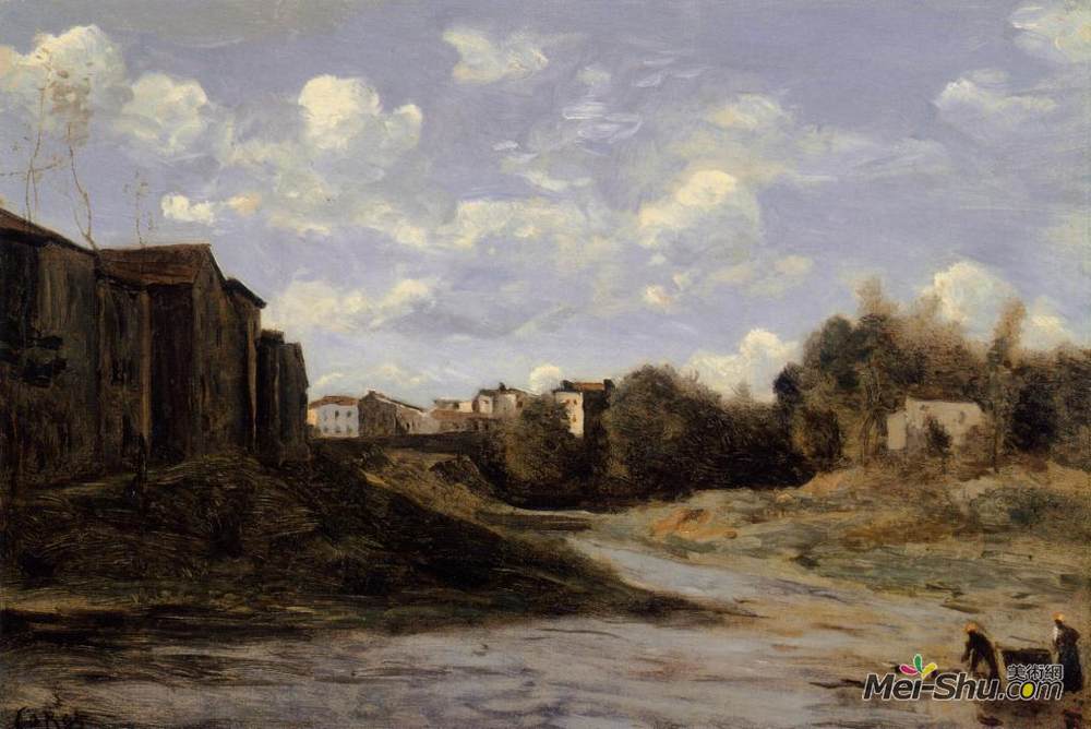 卡米耶·柯罗(Camille Corot)高清作品《The Banks of the Midouze, Mont de Marsan, as Seen from the P》