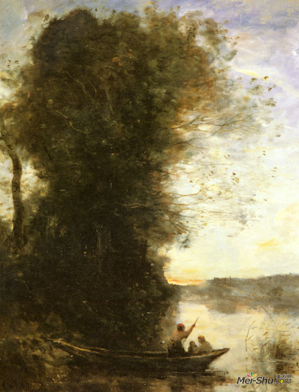 卡米耶·柯罗(Camille Corot)高清作品《船夫带着一个女人和一个孩子坐在岸边。》