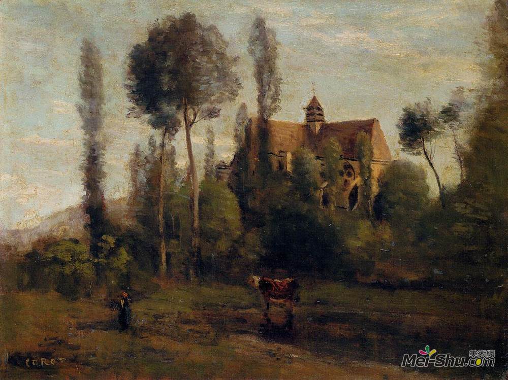 卡米耶·柯罗(Camille Corot)高清作品《蒂埃里城堡附近的伊索姆斯教堂》