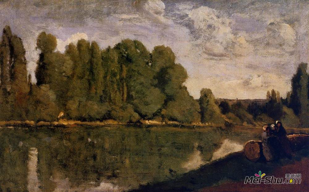 卡米耶·柯罗(Camille Corot)高清作品《河岸上的罗恩三妇女坐在树上》