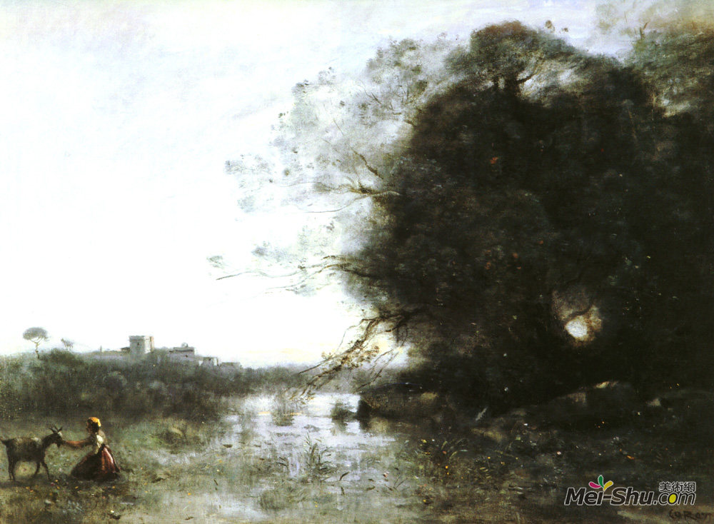 卡米耶·柯罗(Camille Corot)高清作品《大树旁的沼泽和牧羊人》