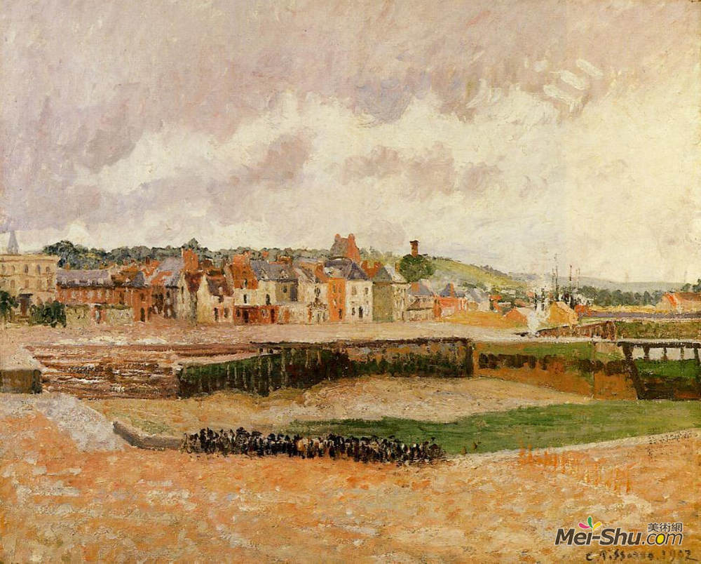 卡米耶·毕沙罗(Camille Pissarro)高清作品《Afternoon, the Dunquesne Basin, Dieppe, Low Tide》