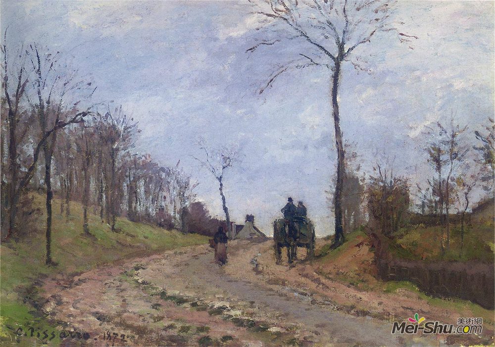 卡米耶·毕沙罗(Camille Pissarro)高清作品《路易威涅郊外的冬天，乡间小路上的马车》