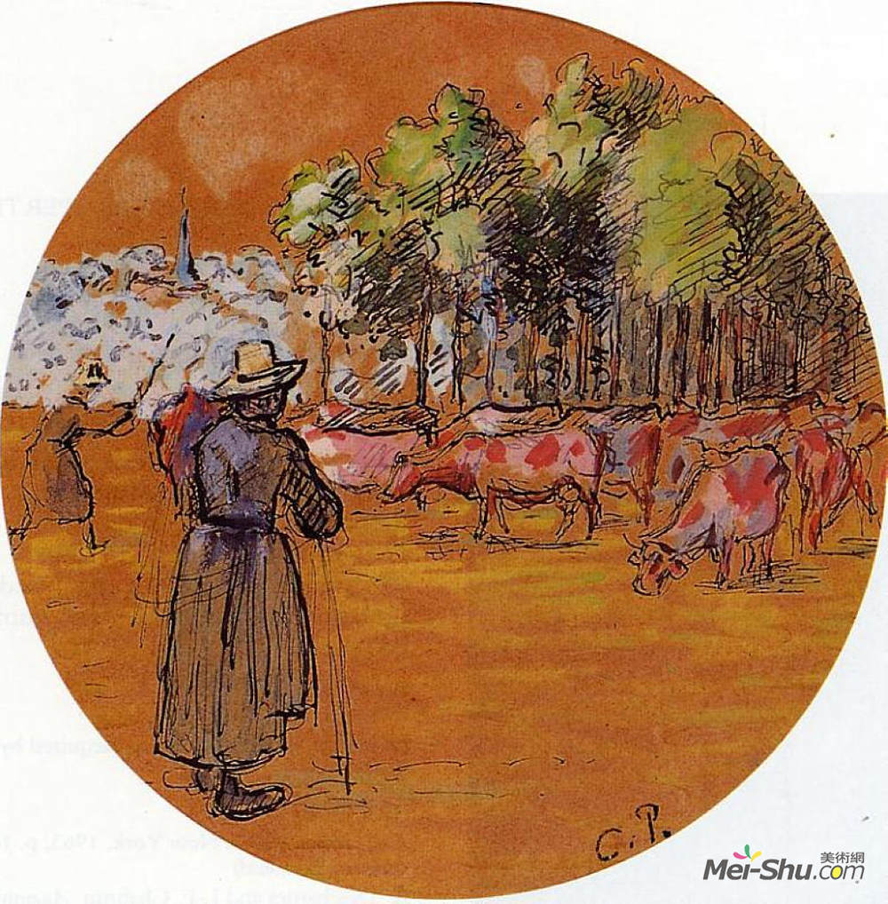 卡米耶·毕沙罗(Camille Pissarro)高清作品《Cowherds, Bazincourt》
