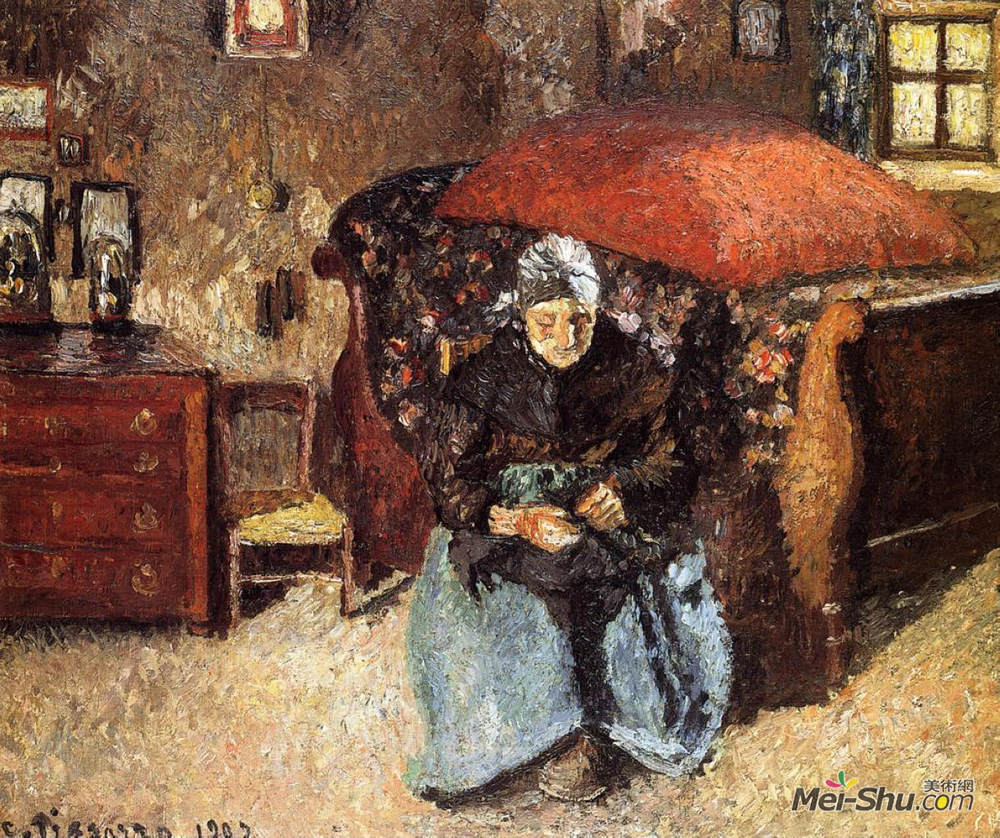 卡米耶·毕沙罗(Camille Pissarro)高清作品《Elderly Woman Mending Old Clothes, Moret》