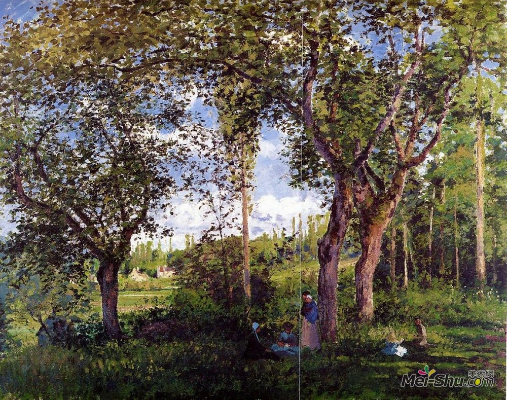 卡米耶·毕沙罗(Camille Pissarro)高清作品《在树下放松的散步者的风景》