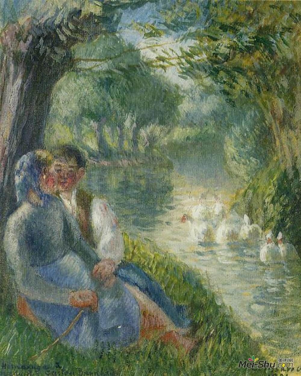 卡米耶·毕沙罗(Camille Pissarro)高清作品《恋人坐在柳树的脚下》