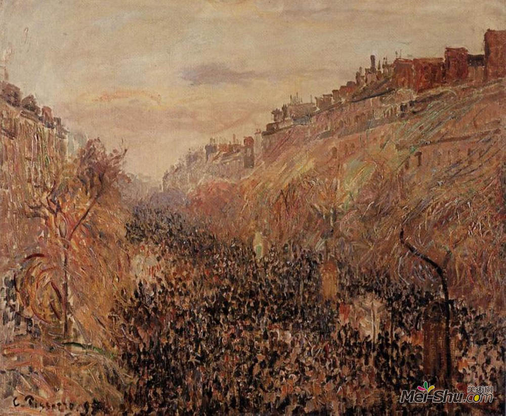 卡米耶·毕沙罗(Camille Pissarro)高清作品《狂欢节，日落，蒙马特林荫大道》
