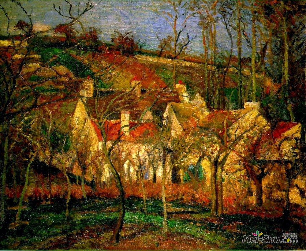 卡米耶·毕沙罗(Camille Pissarro)高清作品《红屋顶，村庄的角落，冬天》