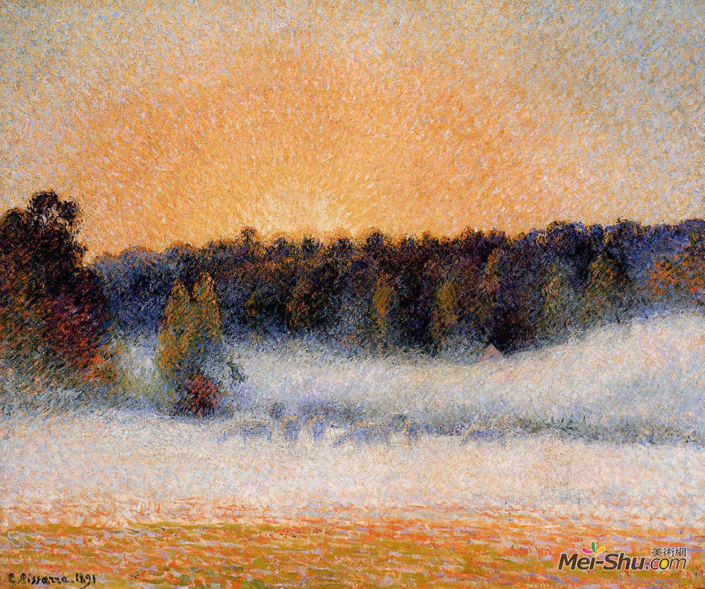 卡米耶·毕沙罗(Camille Pissarro)高清作品《Setting Sun and Fog, Eragny》