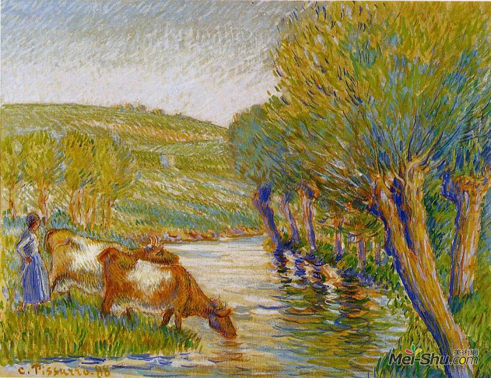 卡米耶·毕沙罗(Camille Pissarro)高清作品《The river and willows, Eragny》