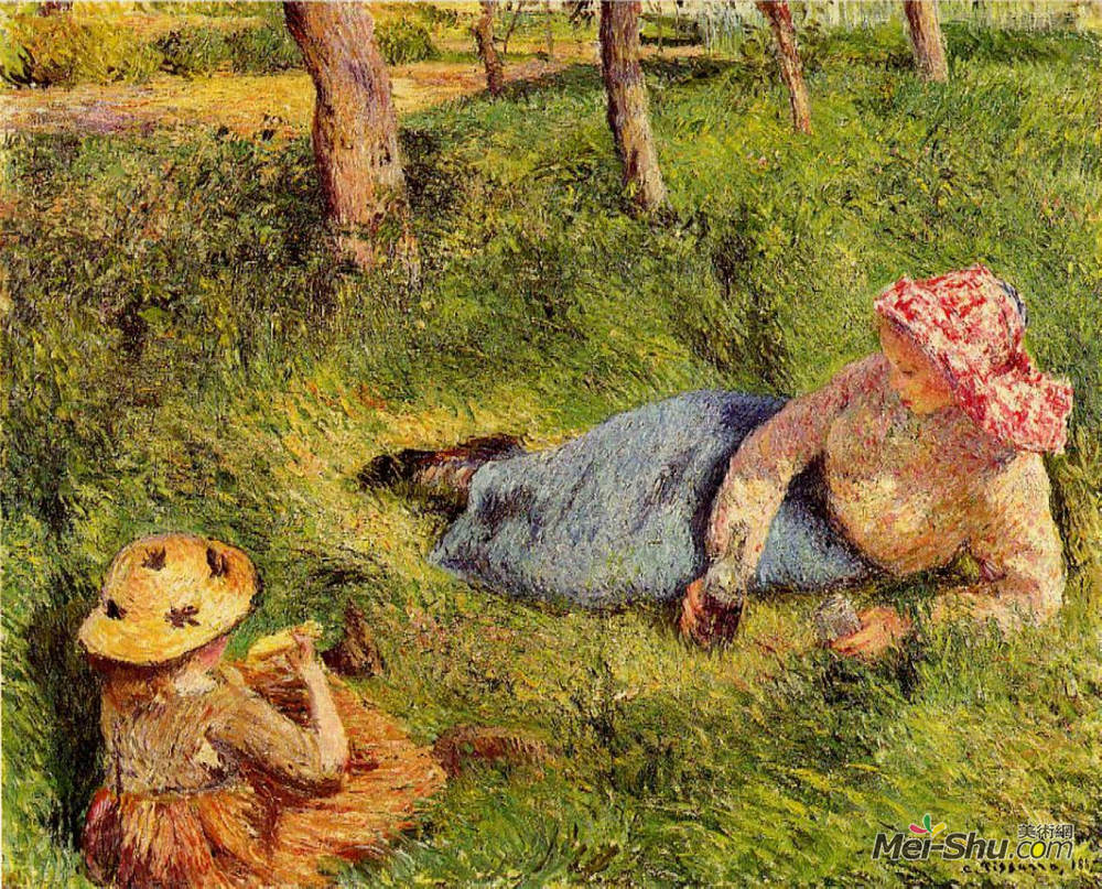 卡米耶·毕沙罗(Camille Pissarro)高清作品《零食、儿童和青年农民休息》