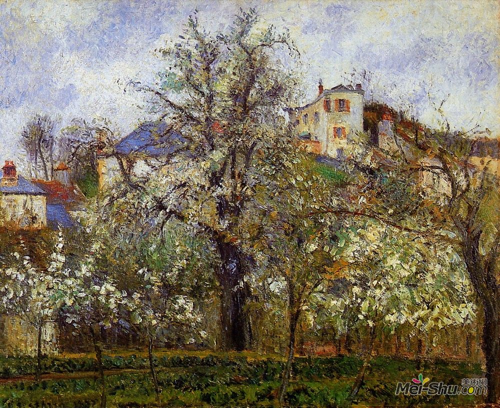 卡米耶·毕沙罗(Camille Pissarro)高清作品《有开花的树，春天，蓬图瓦兹的菜园》
