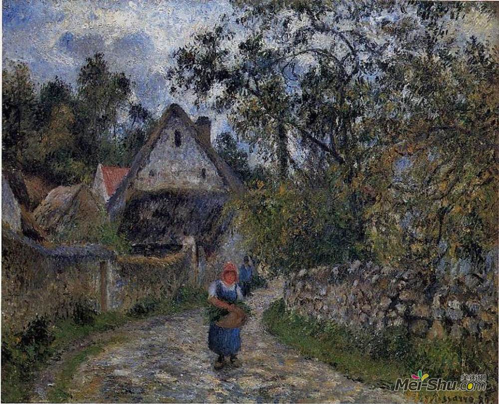 卡米耶·毕沙罗(Camille Pissarro)高清作品《The village path - thatched cottages in Valhermeil》