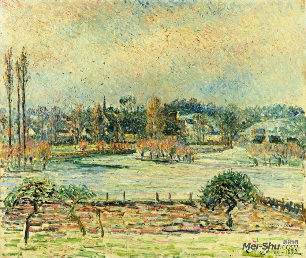 卡米耶·毕沙罗(Camille Pissarro)高清作品《View of Bazincourt, Flood, Morning Effect》