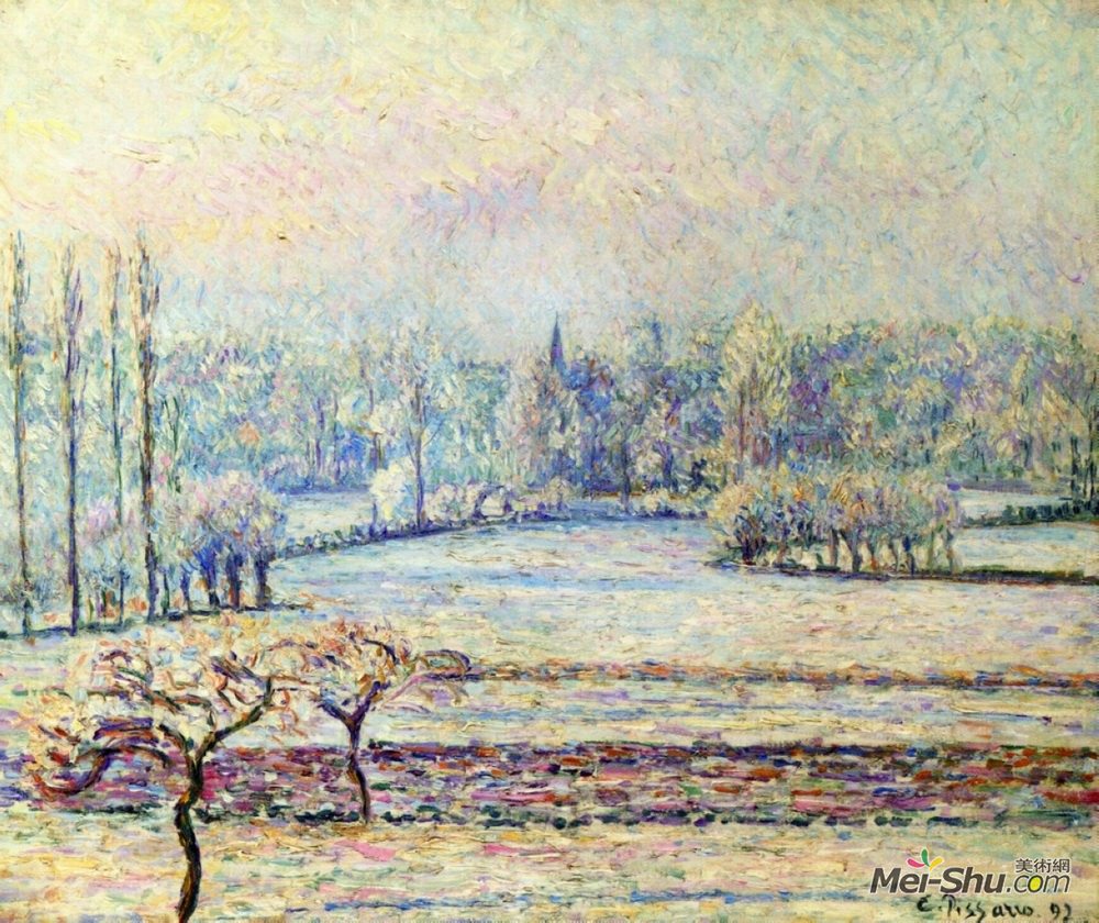 卡米耶·毕沙罗(Camille Pissarro)高清作品《View of Bazincourt, Frost, Morning》