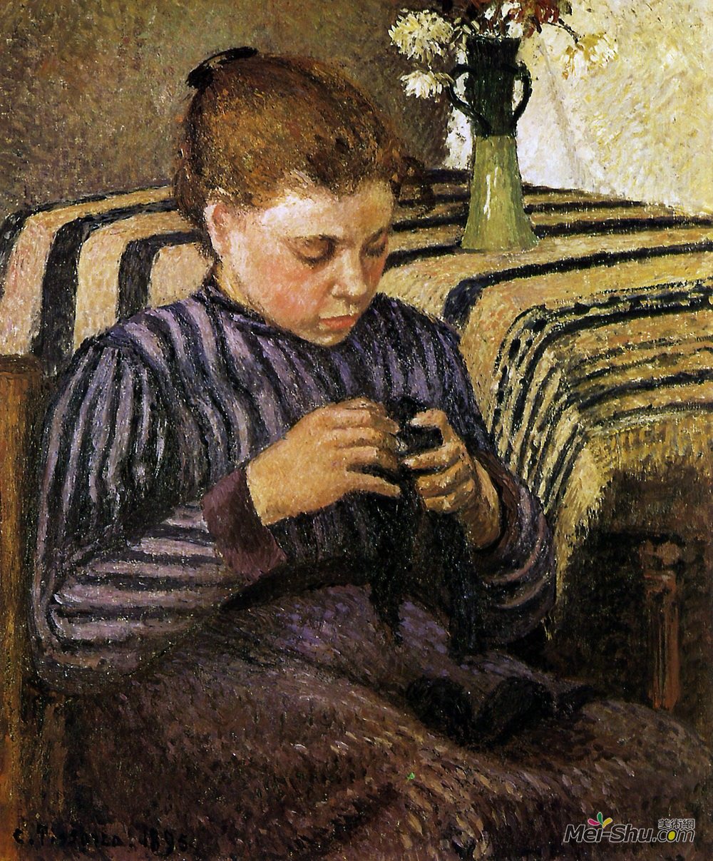卡米耶·毕沙罗(Camille Pissarro)高清作品《补袜子的年轻妇女》