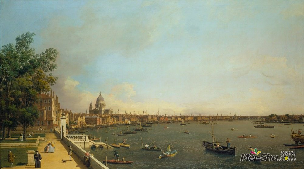 加纳莱托(Canaletto)高清作品《泰晤士河从萨默塞特住宅梯田走向城市》