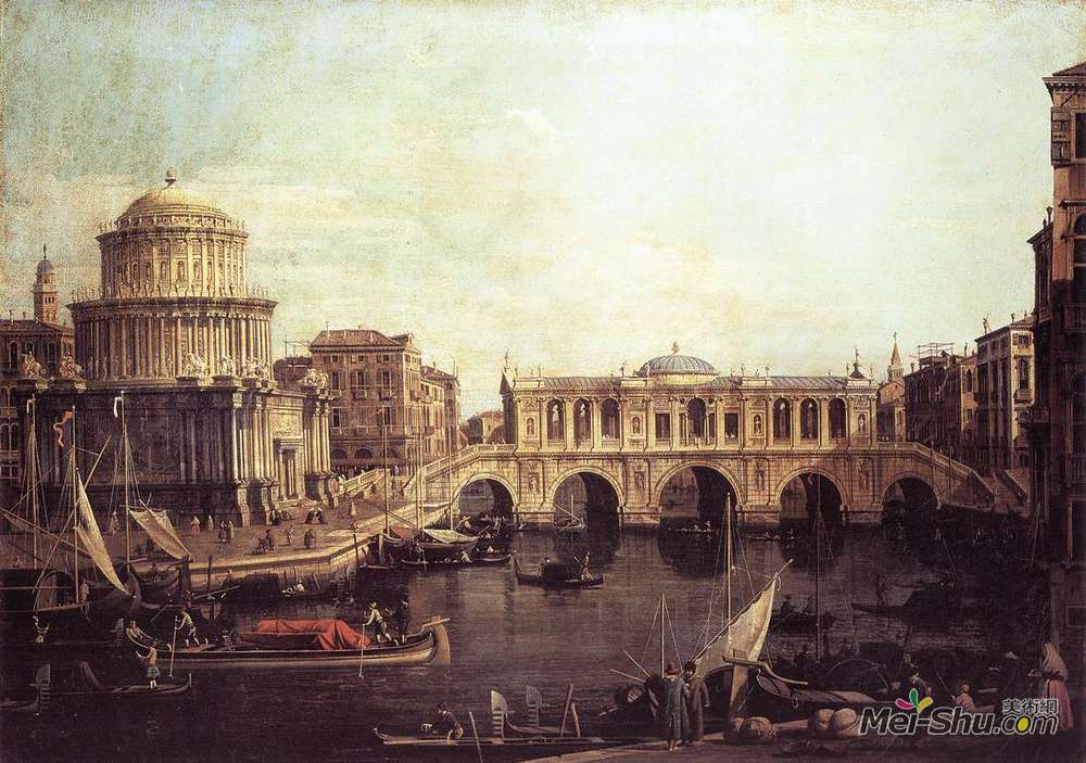 加纳莱托(Canaletto)高清作品《Capriccio: The Grand Canal, with an Imaginary Rialto Bridge》