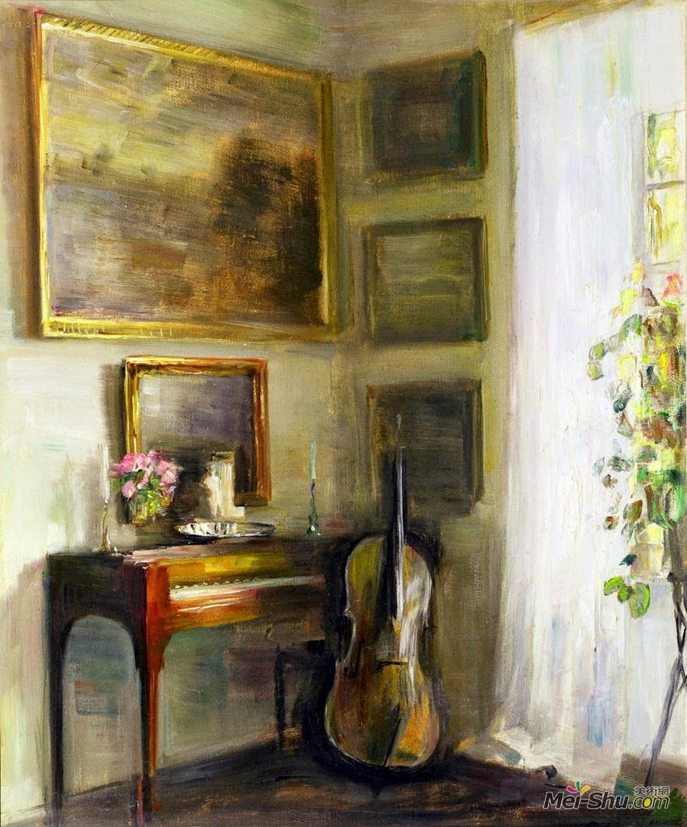 卡尔何露斯(Carl Holsøe)高清作品《Interior with Cello and Spinet》