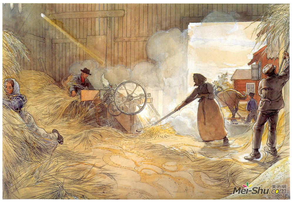 卡尔·拉森(Carl Larsson)高清作品《脱粒》