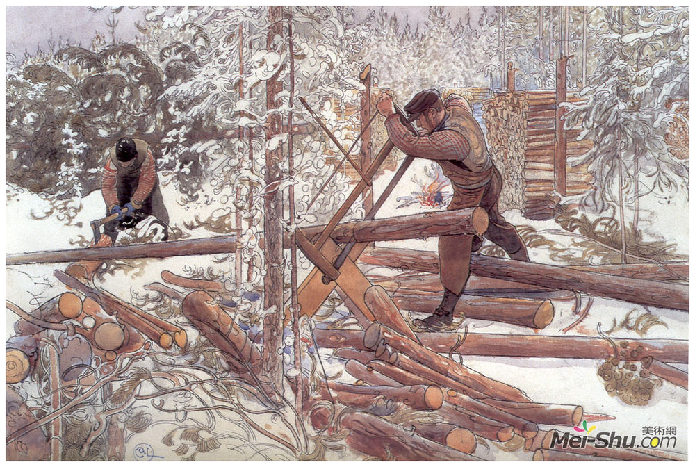 卡尔·拉森(Carl Larsson)高清作品《伐木工人在森林里》