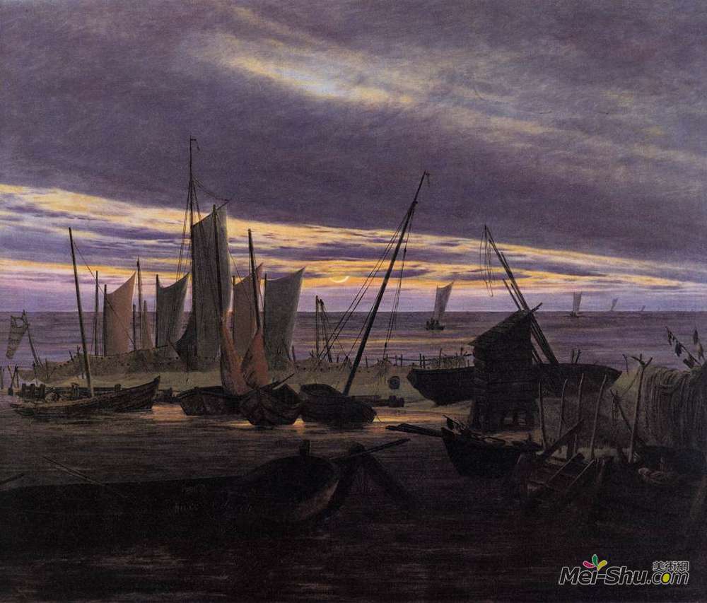 卡斯珀尔·大卫·弗里德里希(Caspar David Friedrich)高清作品《晚上港口里的小船》